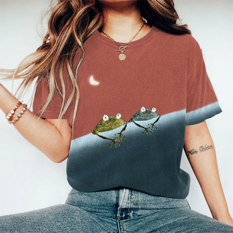 Dashingsoul Simple Frog Color Block Print Short Sleeve Crew Neck T-shirt