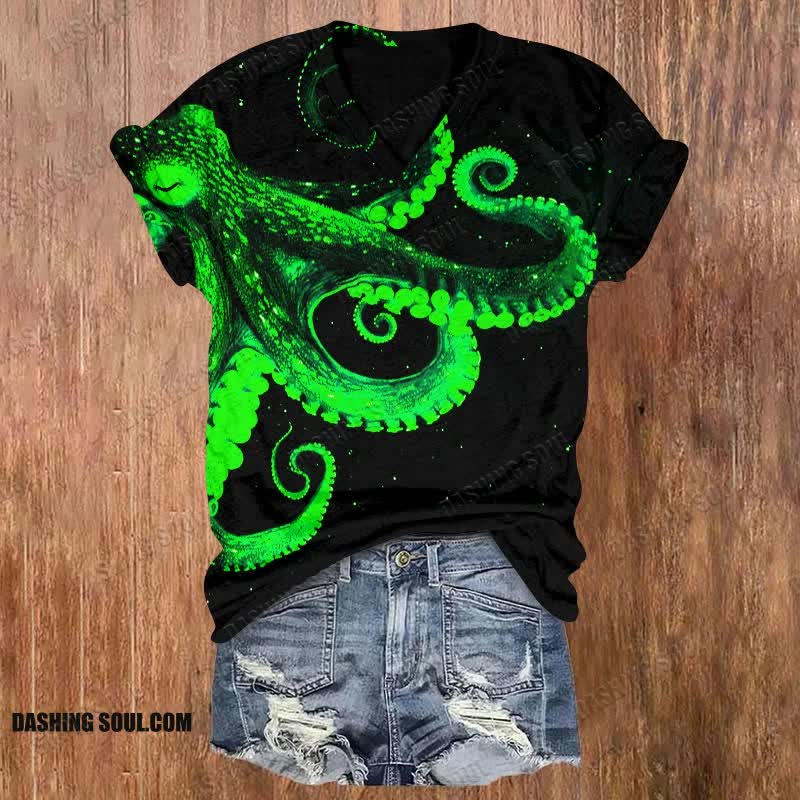 Three-dimensional Creative Octopus Print V-neck T-shirt
