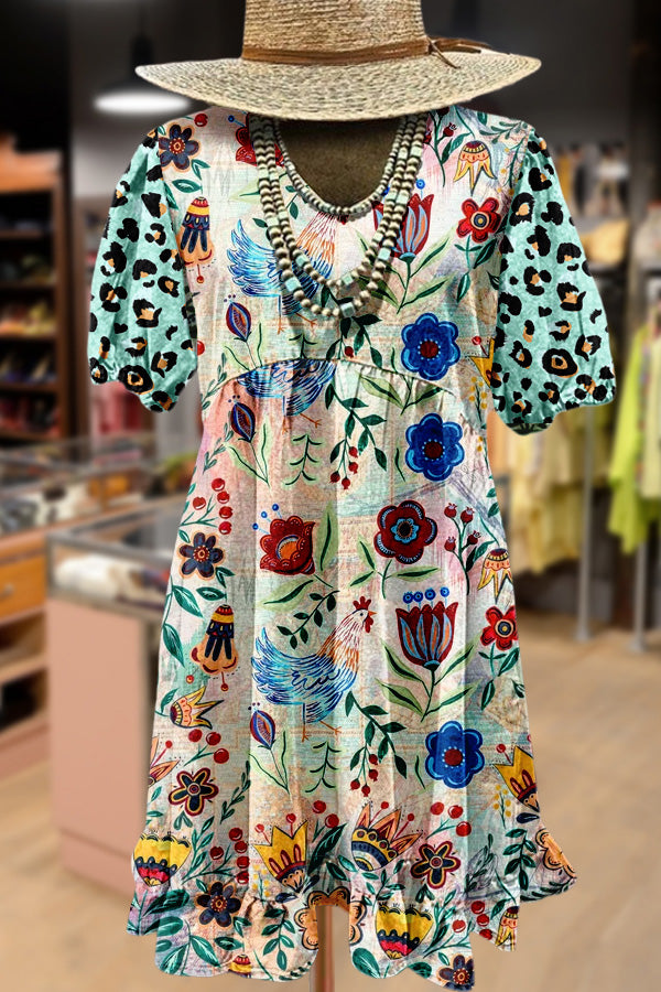 Chic Floral Print Leopard Puff Sleeve Mini Dress