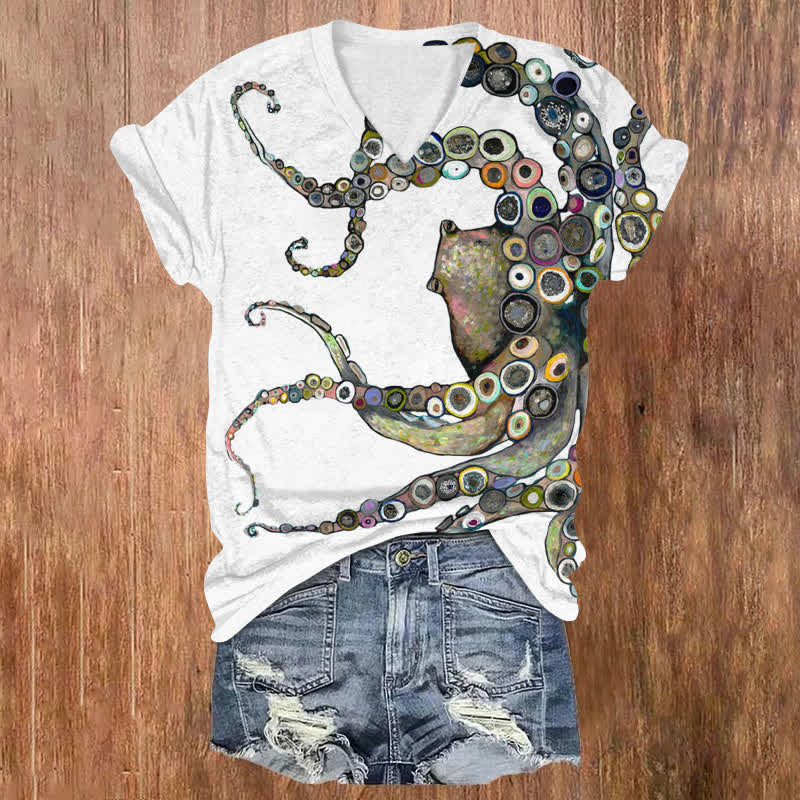 Dashingsoul Colorful Octopus Oil Painting Print V-neck T-shirt