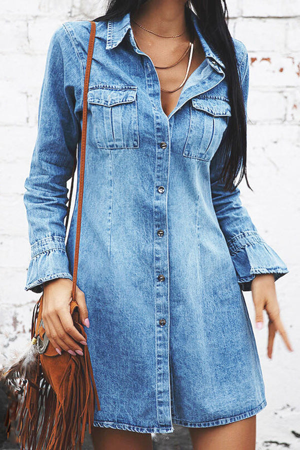 Solid Button Front Denim Dress