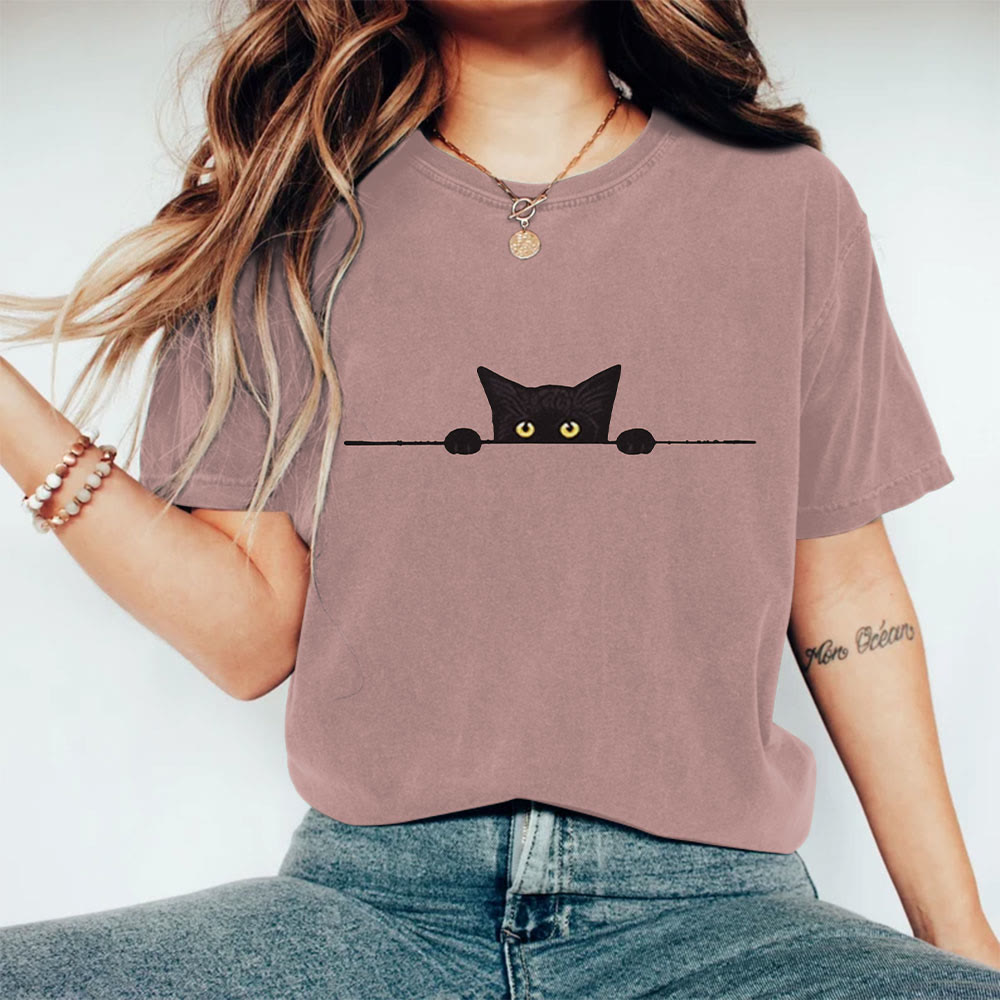 Dashingsoul Women's Casual Black Cat Print Short Sleeve T-shirt