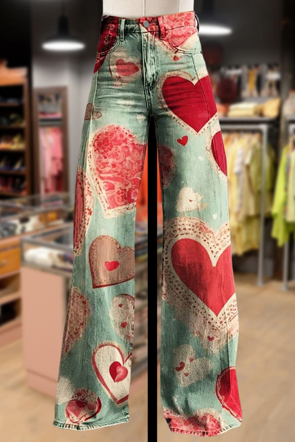 Vintage Heart Print Wide Leg Pants