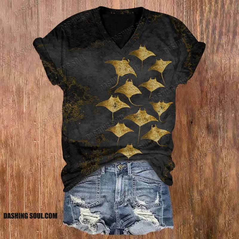 Vintage Manta Ray Art Print V-neck T-shirt