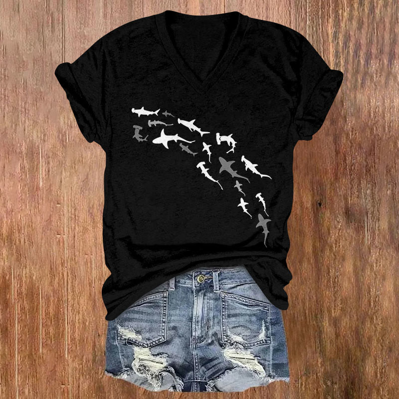 Dashingsoul Shark Print Casual V-neck Short-sleeved T-shirt