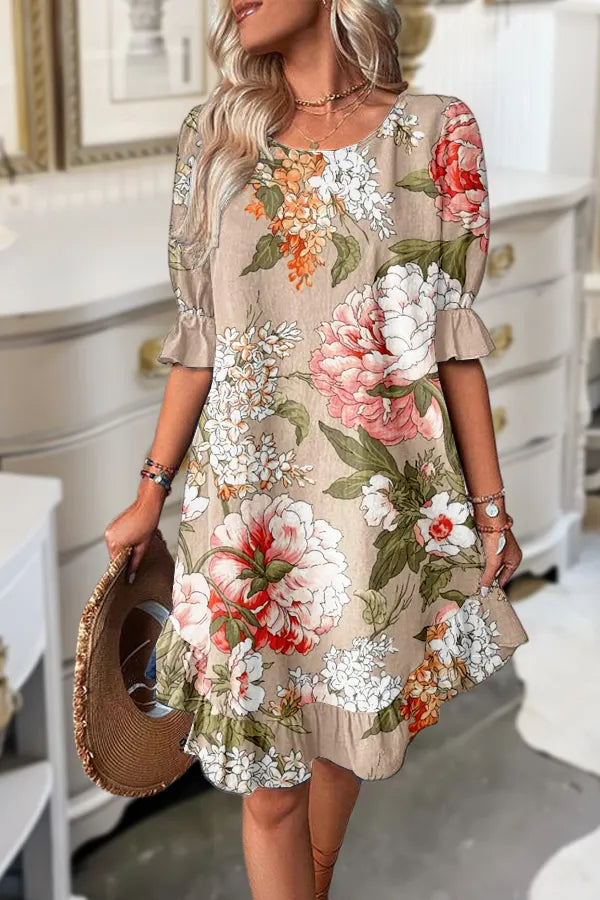 Elegant Floral Print Ruffle Hem Dress
