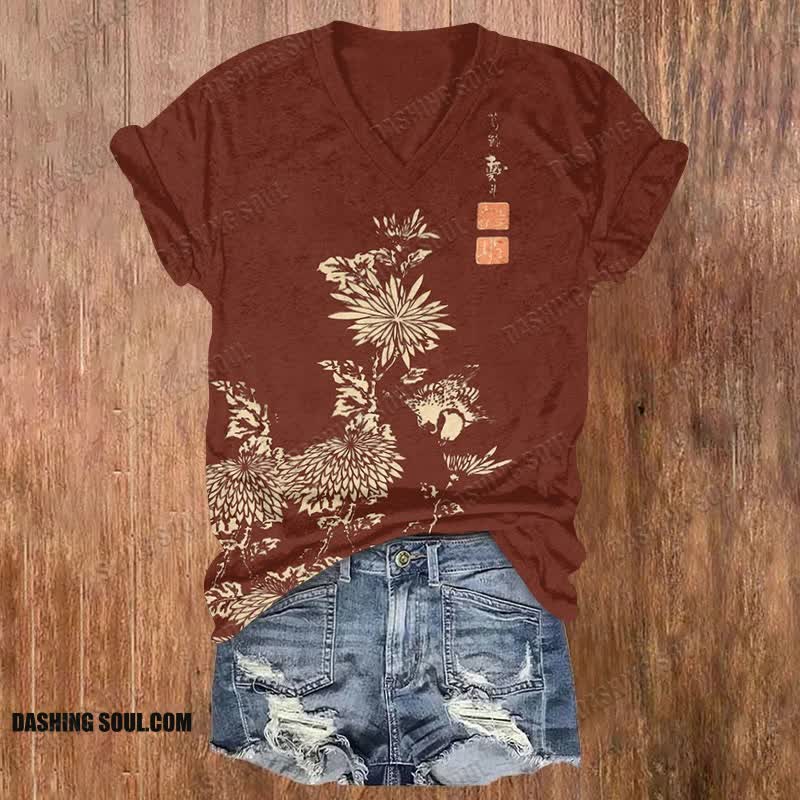 Vintage Chrysanthemum Print V-neck T-shirt