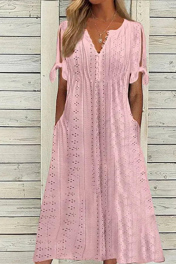 Solid V-Neck Short Sleeve Hollow Out Dress