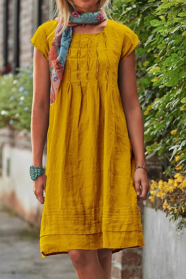 Casual Pleated Short Sleeve Cotton Dress