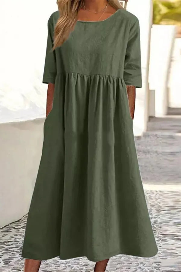 Casual Half Sleeve Pocket Design Linen Dress