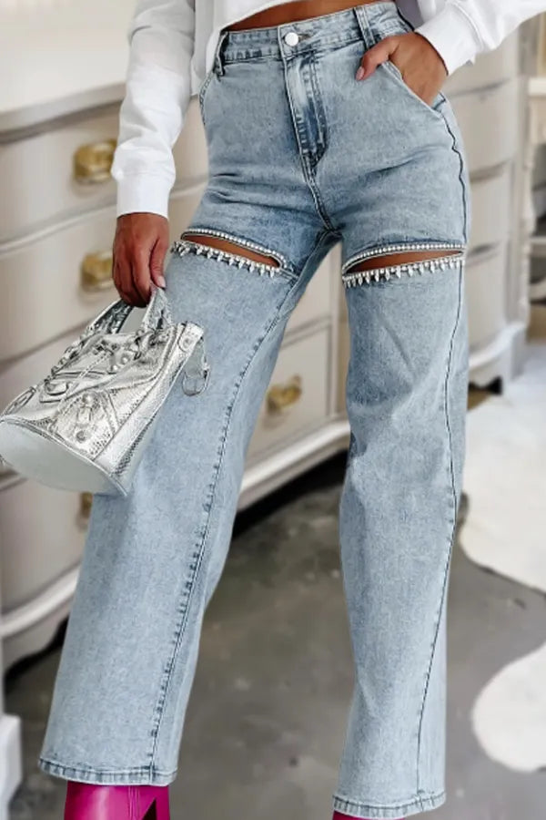 Denim Rhinetone Cut Out Straight Leg Jeans