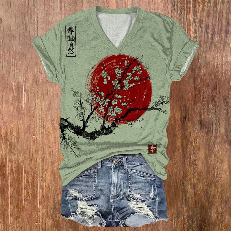 Dashingsoul Women's Sunrise Japanese Art Print Casual V-neck T-shirt