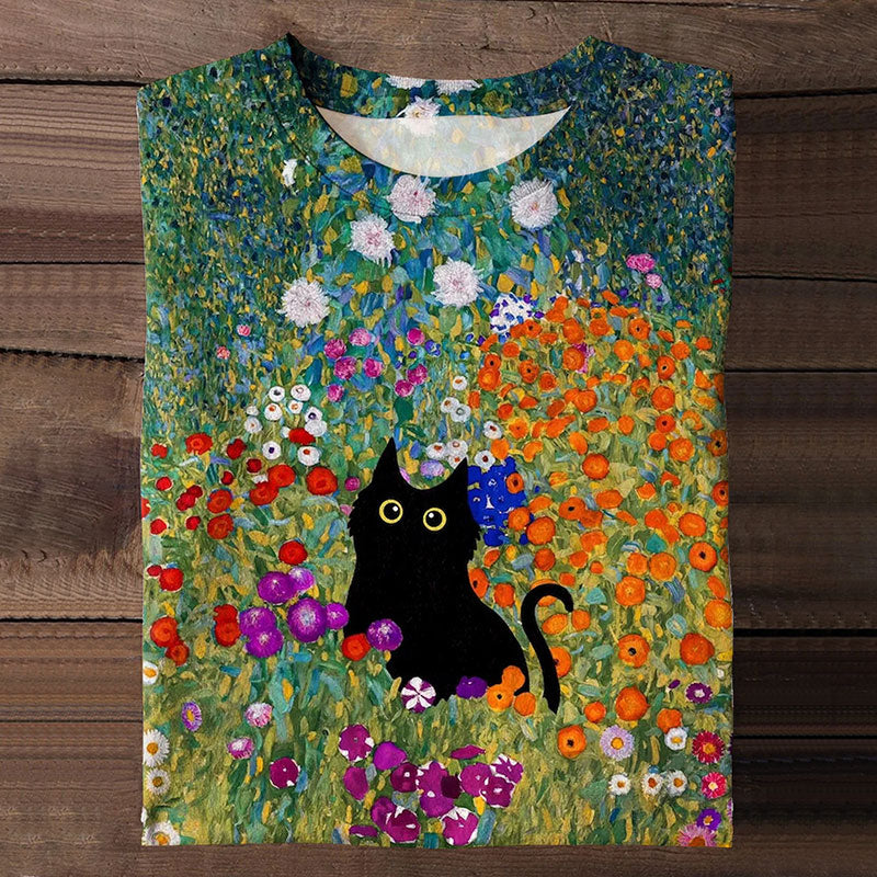 Dashingsoul Flowers Cat Art Print Crew Neck Short-sleeved T-shirt