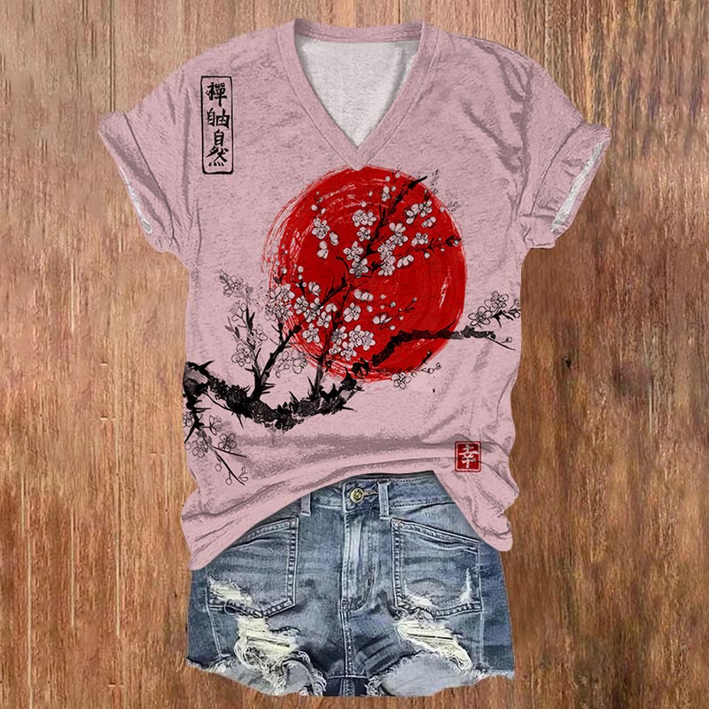 Dashingsoul Women's Sunrise Japanese Art Print Casual V-neck T-shirt