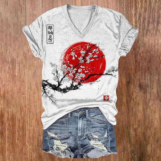Dashingsoul Women's Sunrise Japanese Art Print Casual V-neck T-shirt