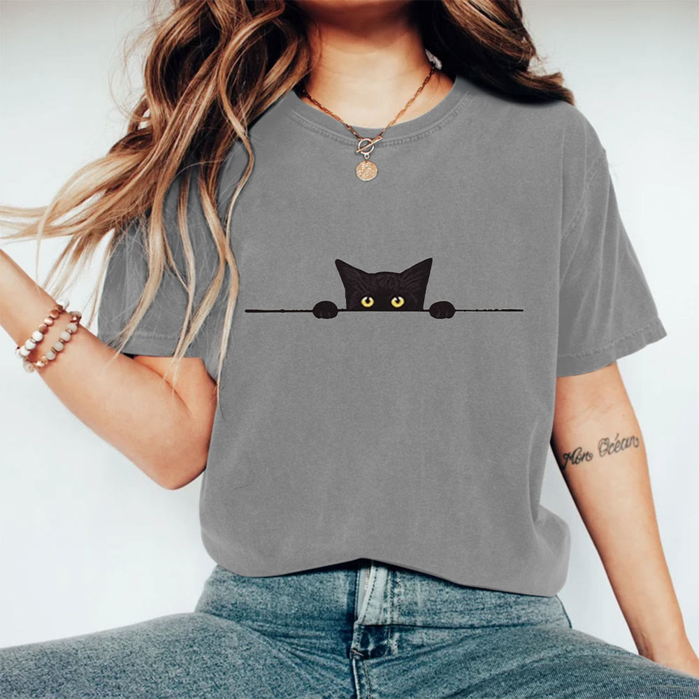Dashingsoul Women's Casual Black Cat Print Short Sleeve T-shirt