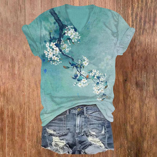Dashingsoul Japanese Antique Pear Blossom Ink Painting Print Short Sleeves V-neck T-shirt