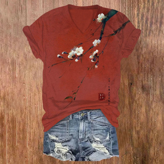 Dashingsoul Vintage Plum Blossom Art Print V-neck T-shirt