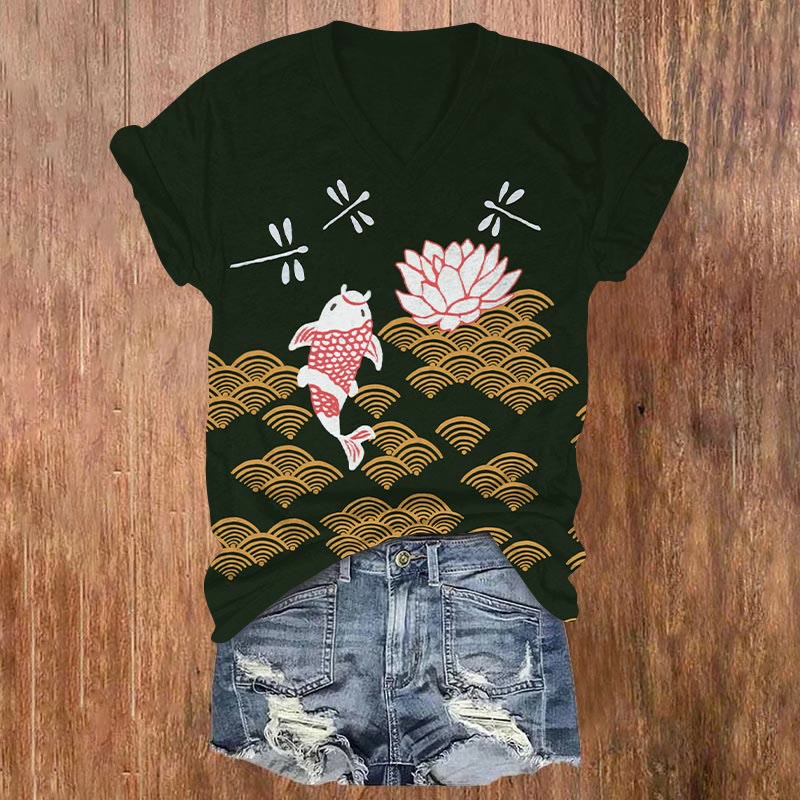 (Limited offer)Dashingsoul Japanese Style Koi Fish Dragonfly Wave Art Print V-neck T-shirt