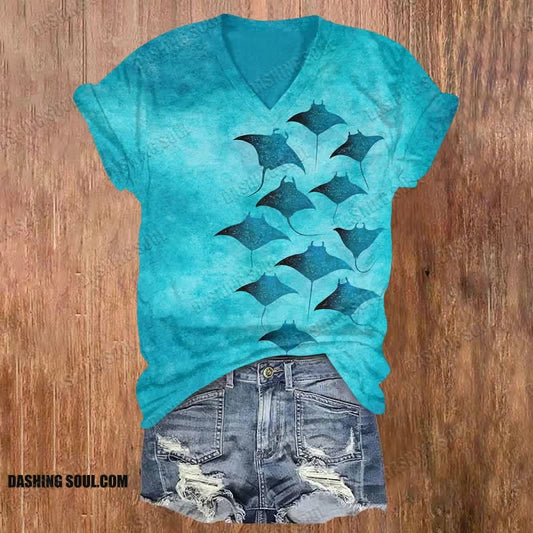 Vintage Manta Ray Art Print V-neck T-shirt