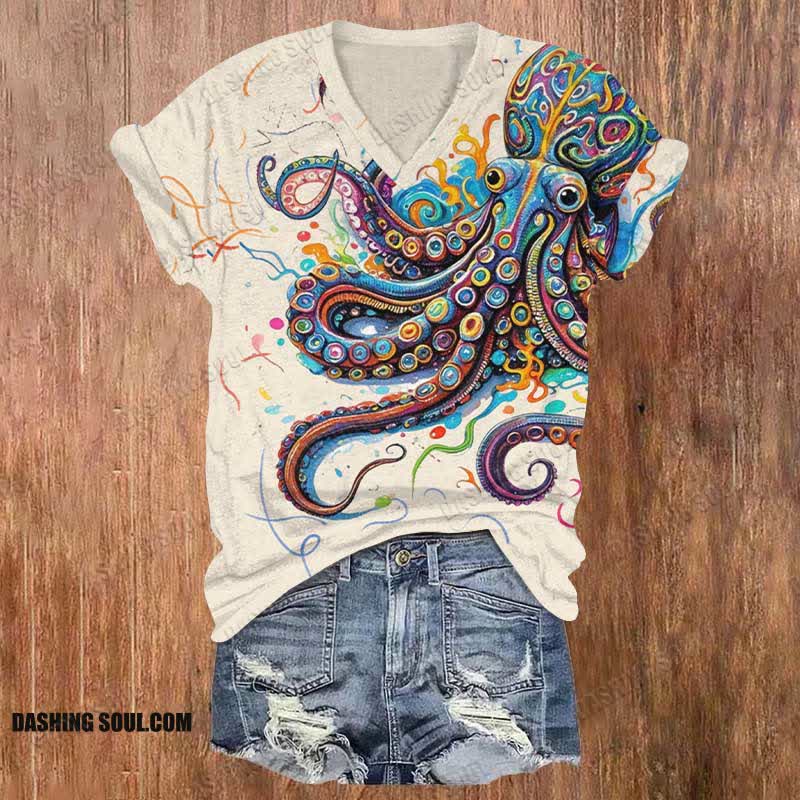 (🔥Limited offer)Vintage Rainbow Octopus Art Print V-neck T-shirt