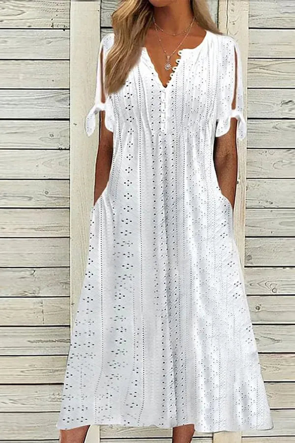 Solid V-Neck Short Sleeve Hollow Out Dress