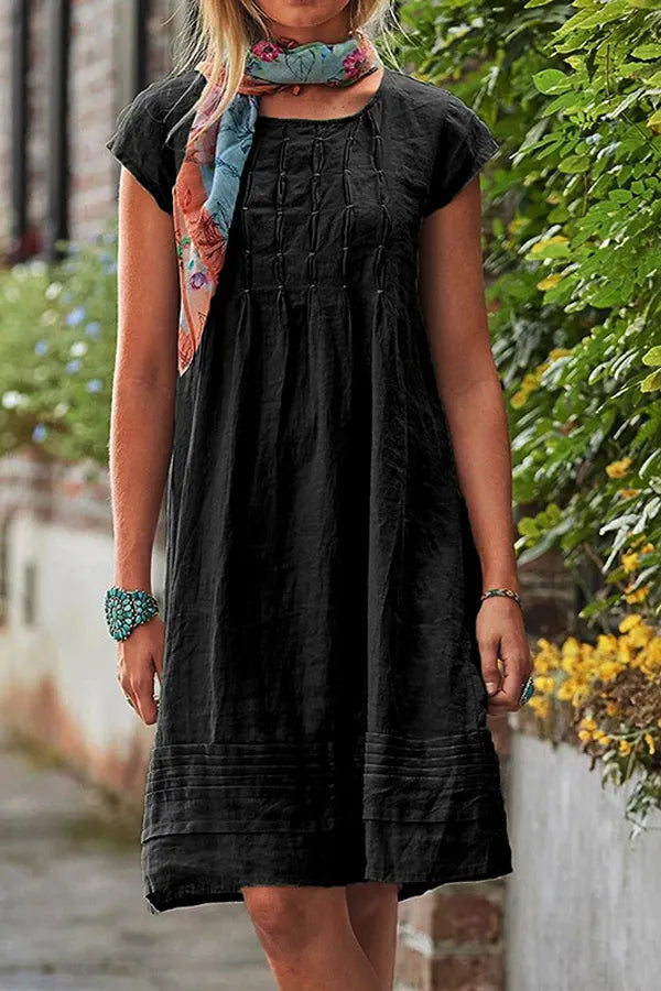 Casual Pleated Short Sleeve Cotton Dress