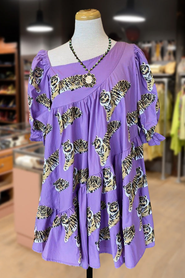 Tiger Print Cuffed Half Sleeve Mini Dress