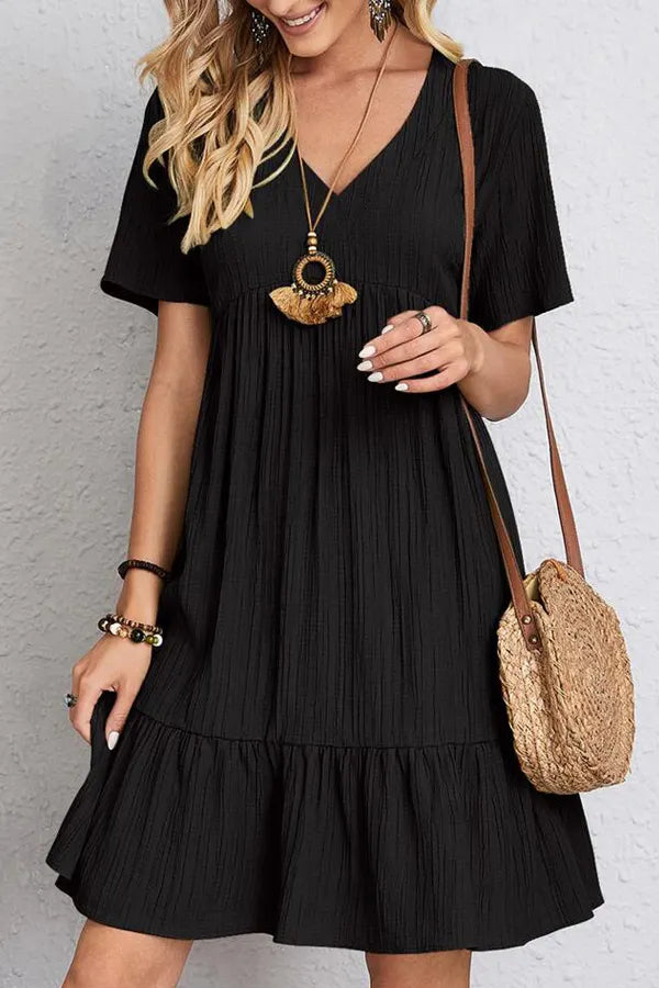 Solid Short Sleeve V-Neck Mini Dress