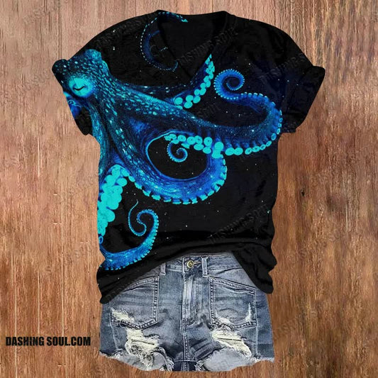 Three-dimensional Creative Octopus Print V-neck T-shirt