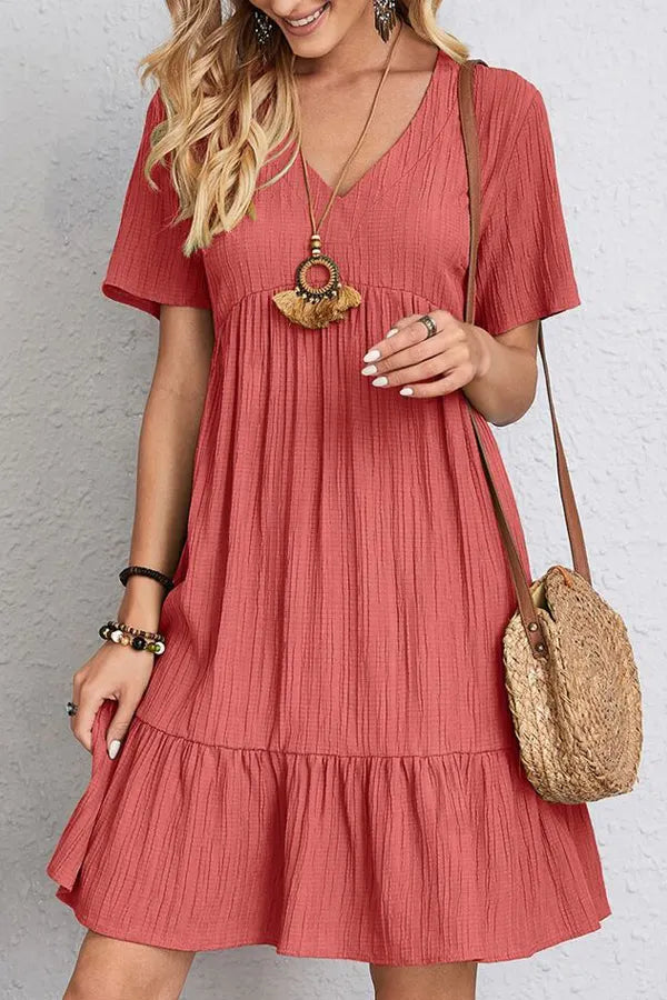 Solid Short Sleeve V-Neck Mini Dress