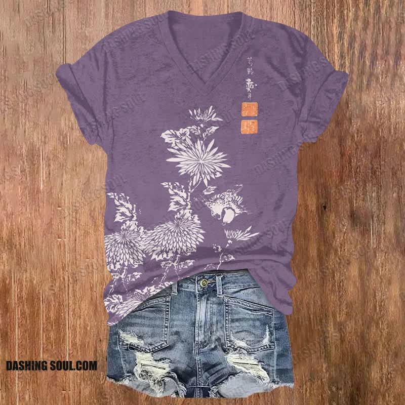 Vintage Chrysanthemum Print V-neck T-shirt