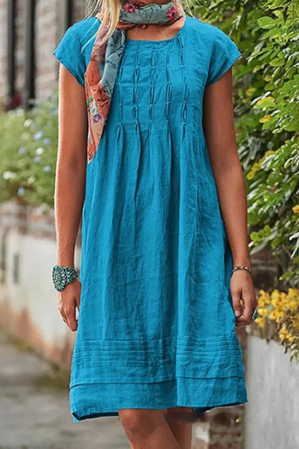 Casual Pleated Short Sleeve Cotton Dress