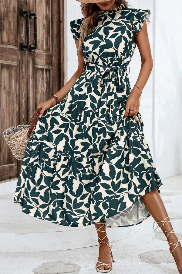Floral Print Flutter Sleeve Belted Midi Dress