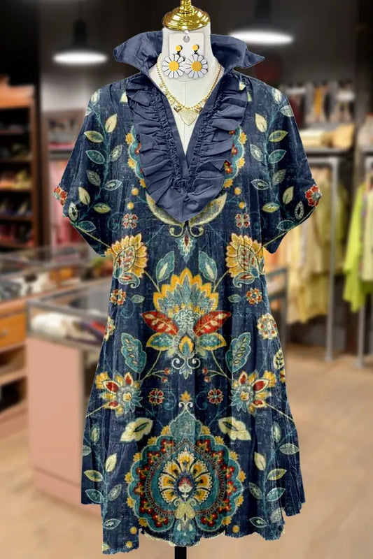 Retro Floral Print Ruffle Neck Midi Dress
