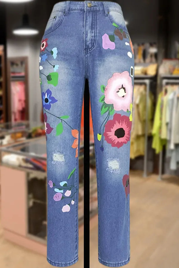 Casual Floral Print Denim Pants