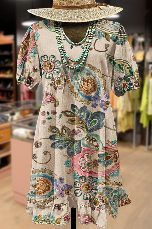 Vintage Paisley Print Puff Sleeve Dress