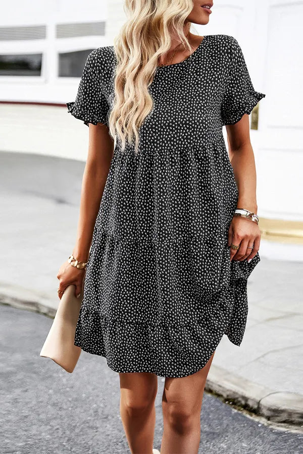Dot Print Ruffle Sleeve Tiered Mini Dress