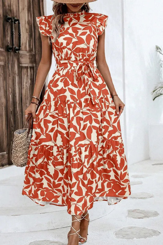 Floral Print Flutter Sleeve Belted Midi Dress
