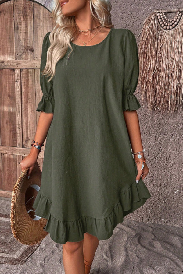 Solid Round Neck Ruffle Hem Linen Dress