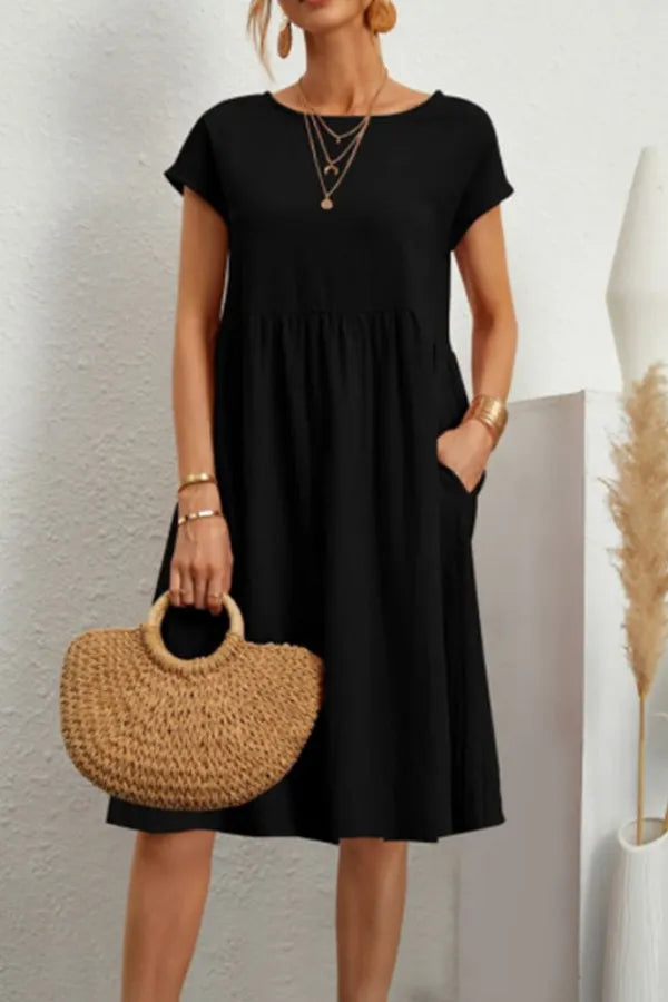 Solid Round Neck Short Sleeve Dress