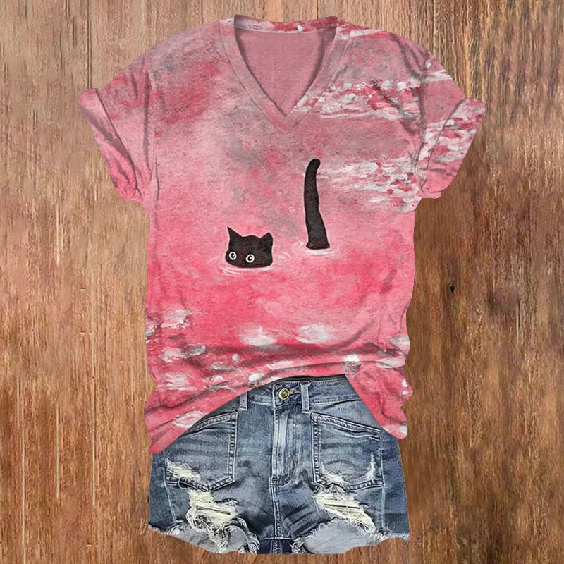 Dashingsoul Women's Oil Painting Cat Print V-neck T-shirt