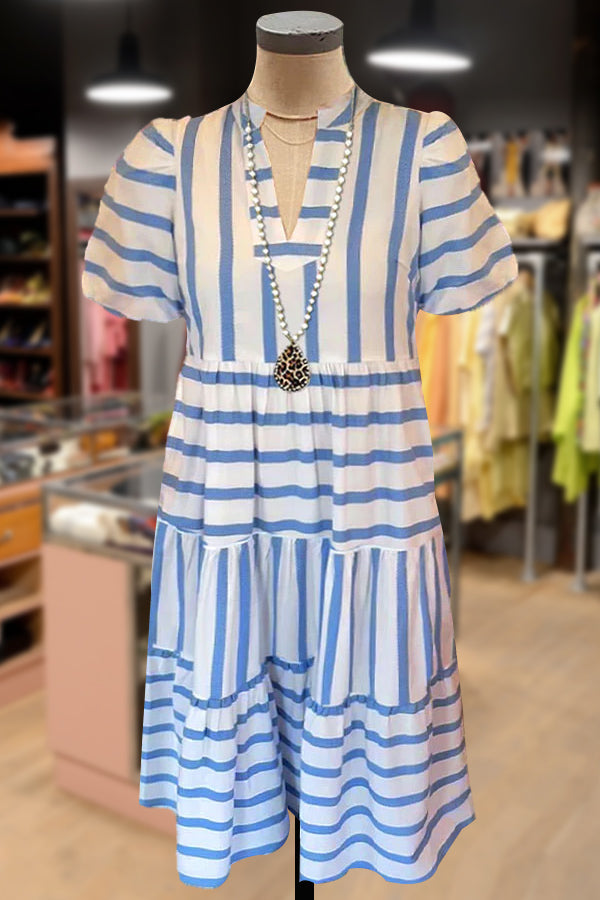 Stripe Puff Sleeve V-Neck Pleated Midi Dress