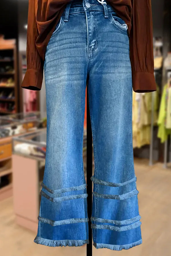Denim Frayed Tiered Flare Pants