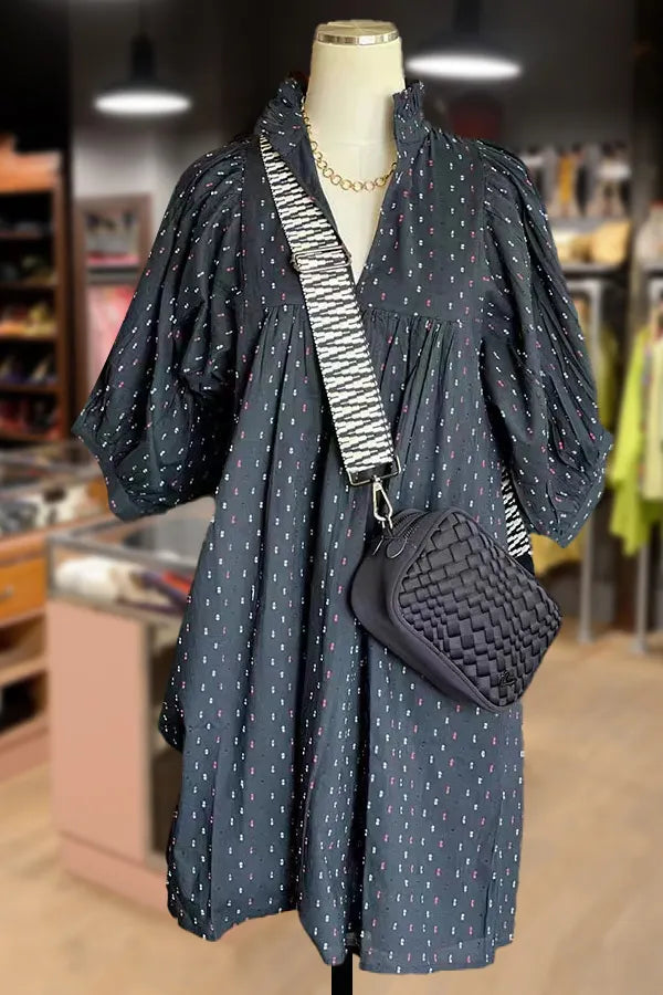 Polka Dot Print Bubble Sleeve V-Neck Midi Dress