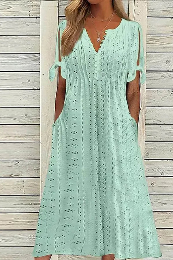 Solid V-Neck Short Sleeve Hollow Out Dress